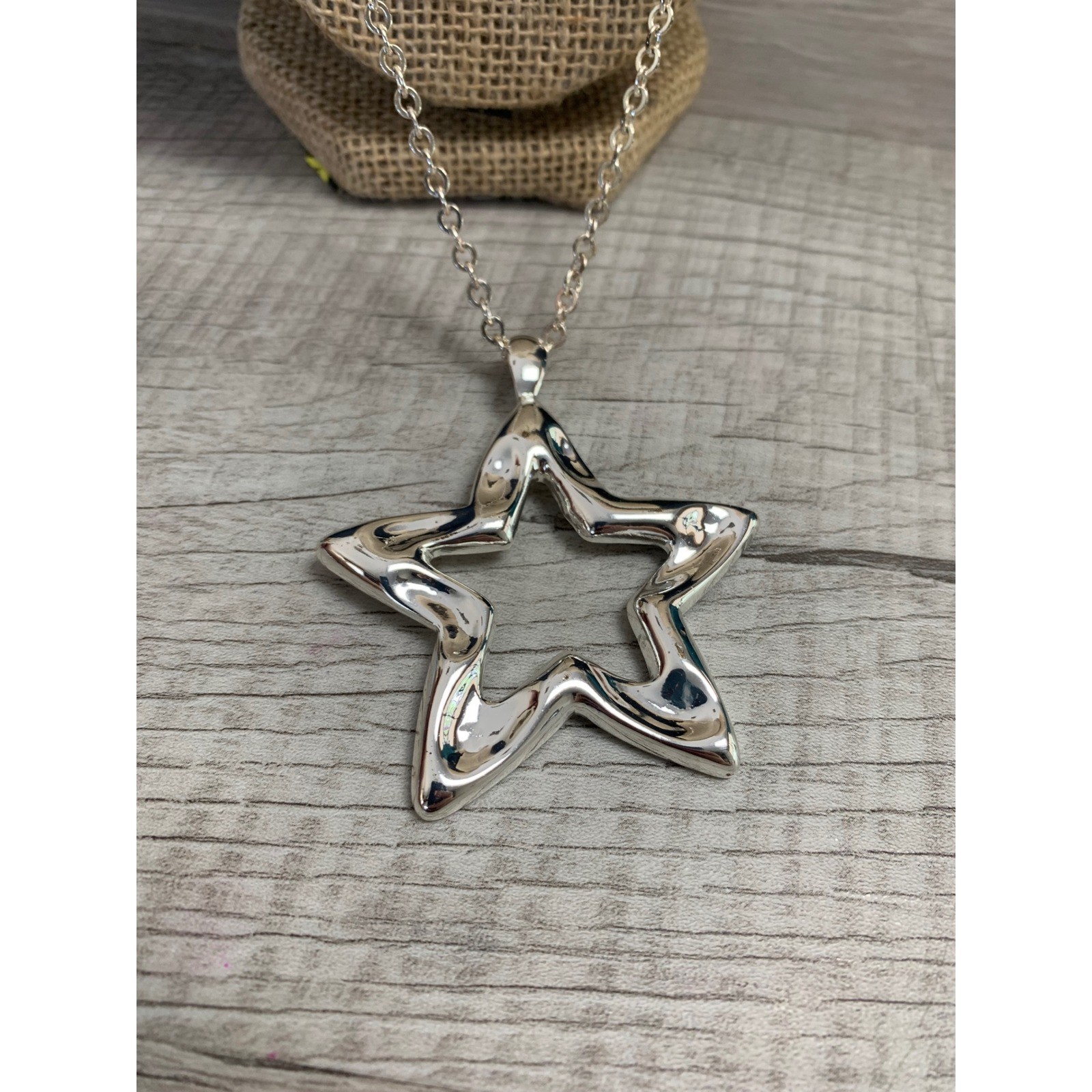 Womens Silver Tone Open Star Pendant Necklace Large Celestial 26 Inch Chain