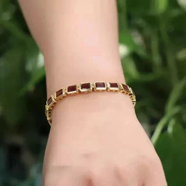 9Ct Emerald Lab created Red Garnet Women’s Tennis Bracelet 14KYellow Gold Plated