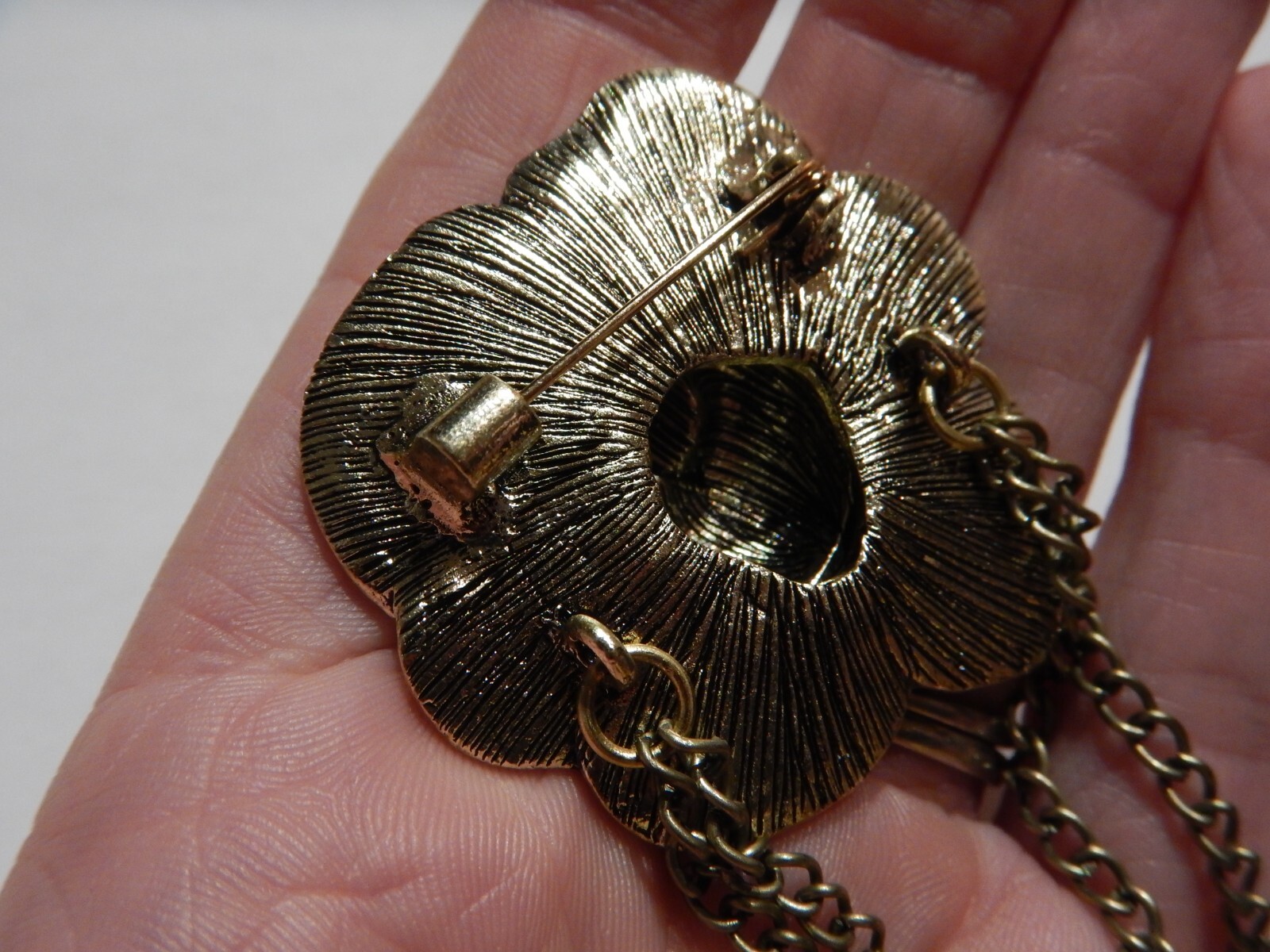BLACK ROSE & CHAINS CHATELAINE BROOCH brass/gold flower pin gothic dark H2