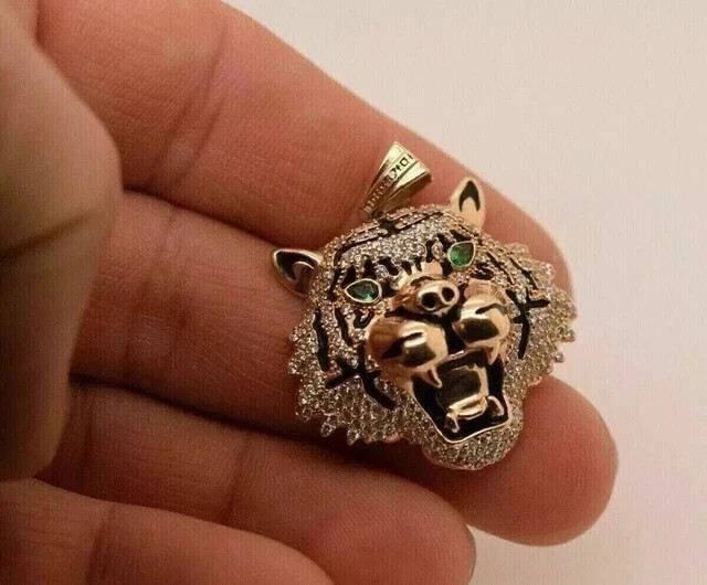 1.90Ct Round Cut Real Moissanite Men’s Lion Face Pendant 14K Rose Gold Plated