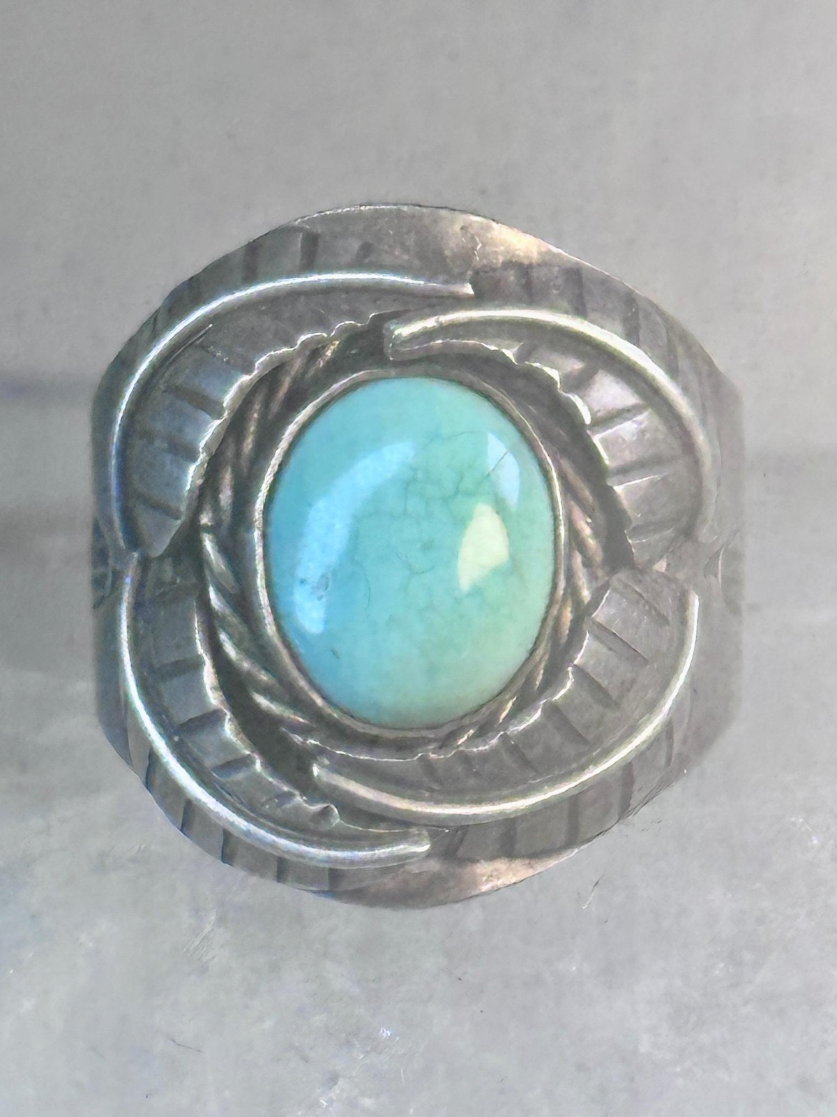 Navajo Ring Turquoise wide band leaves size 10.7 southwest sterling silver women