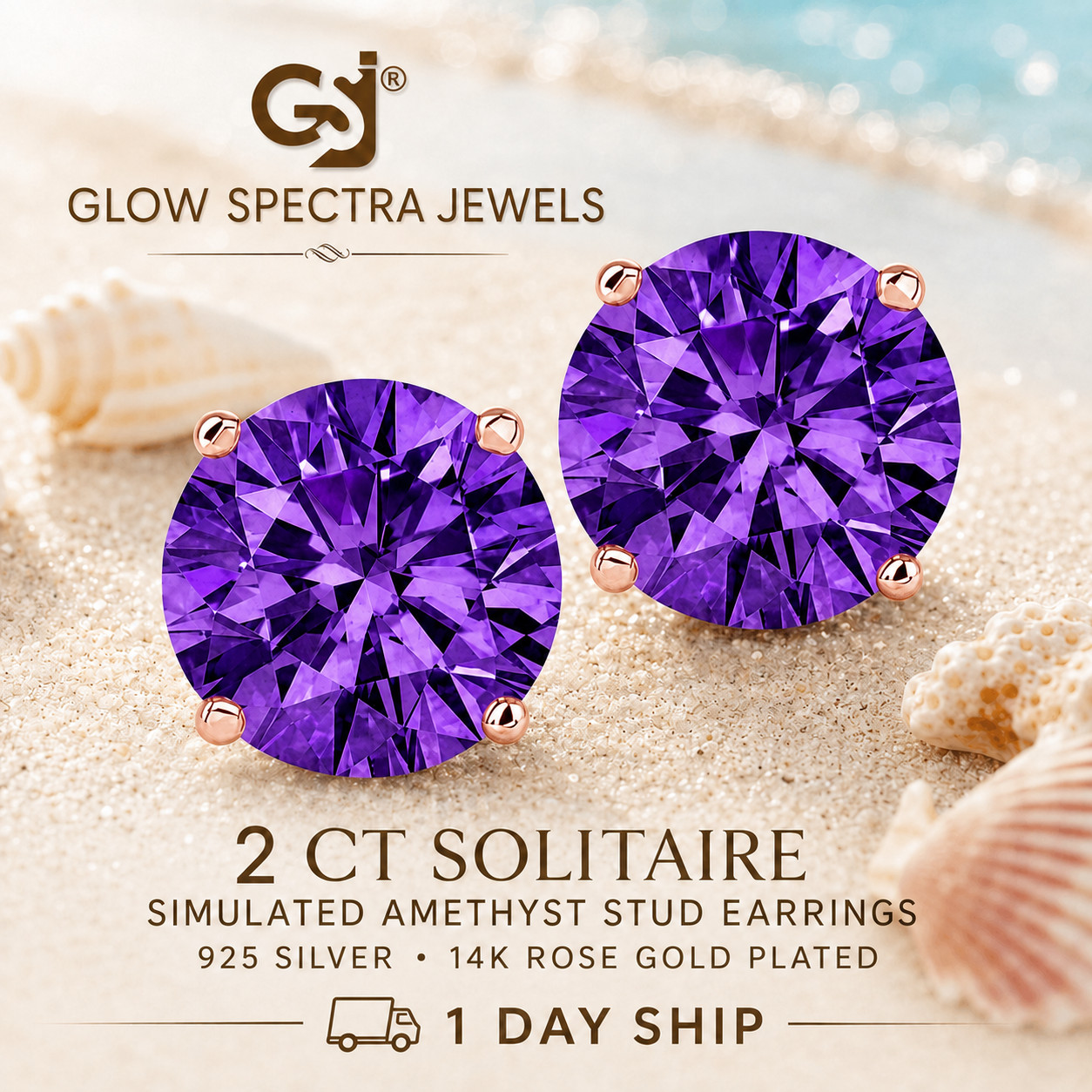 2.00CT Solitaire Purple Amethyst Stud Erring 925 Silver 14k Rose Gold Plated