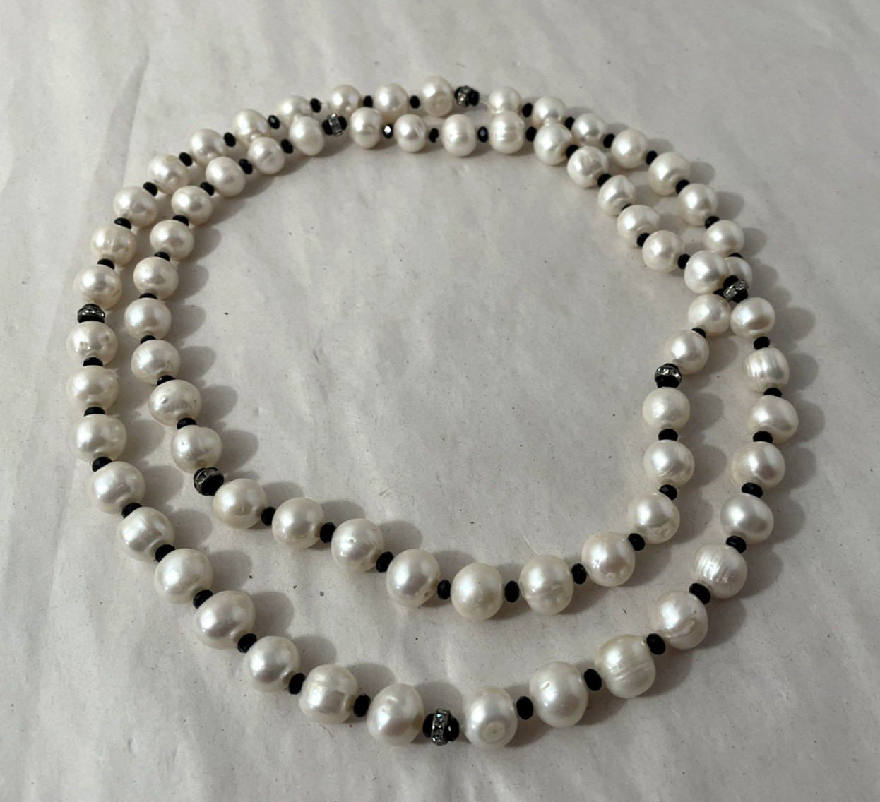 Long 36″ Freshwater Pearl Necklace Black Spacer Beads Statement Strand 132g