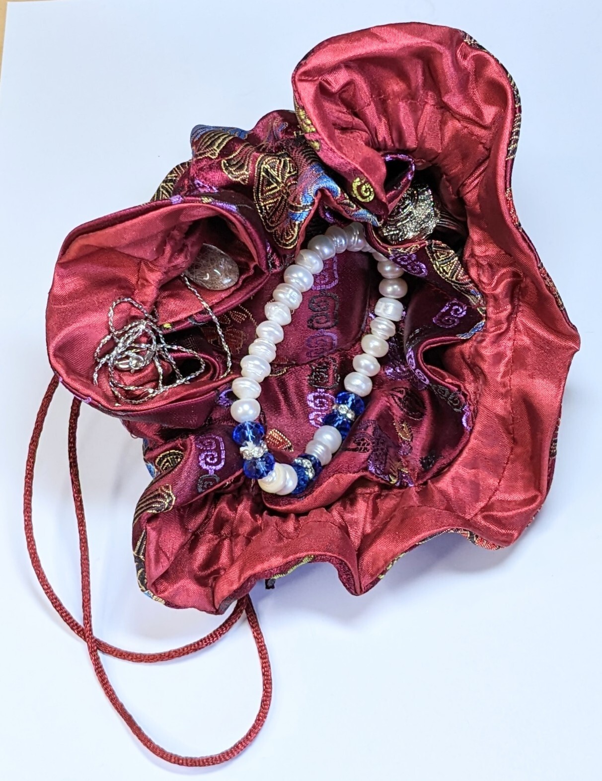 Travel Jewelry Organizer Bag Burgundy Oriental 8 Pockets Case Drawstring Bag