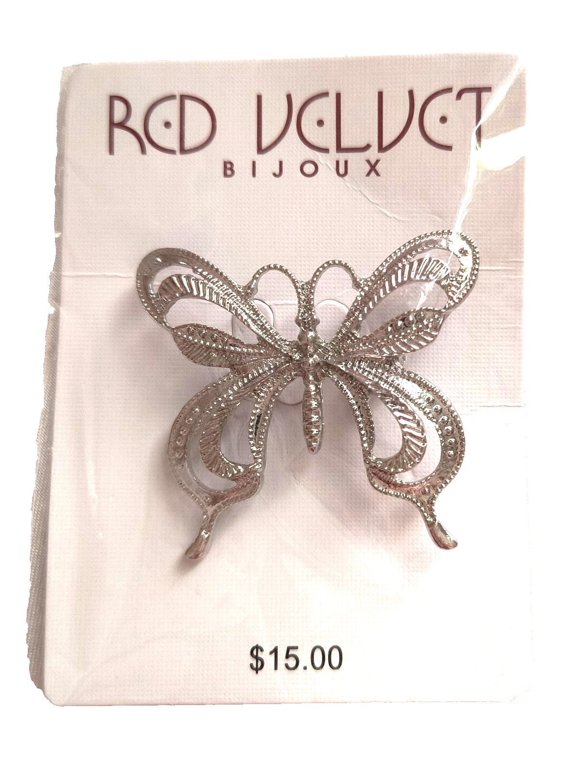 NEW Red Velt by Bijoux Women’s Jewelry Brooch Silvertone Butterfly 1.25″ x 1.25″
