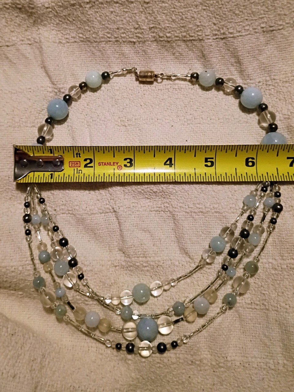 Multi-Strand Layered Blue & Clear Glass Beaded Necklace Silver Barrel Mag. Clasp