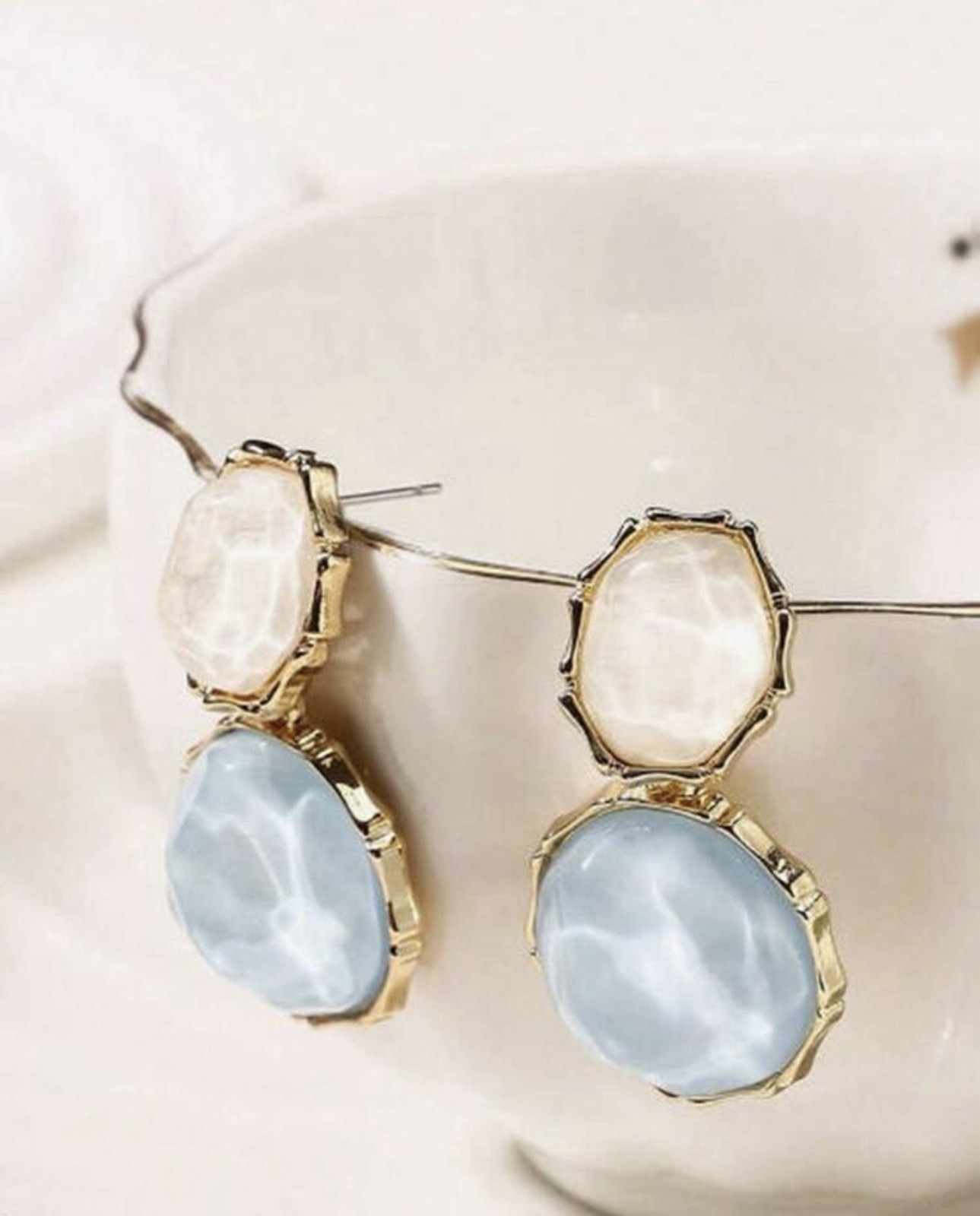 Gold-Tone Blue & White Round Cabochon Bezel Dangle/Drop Earrings, Post