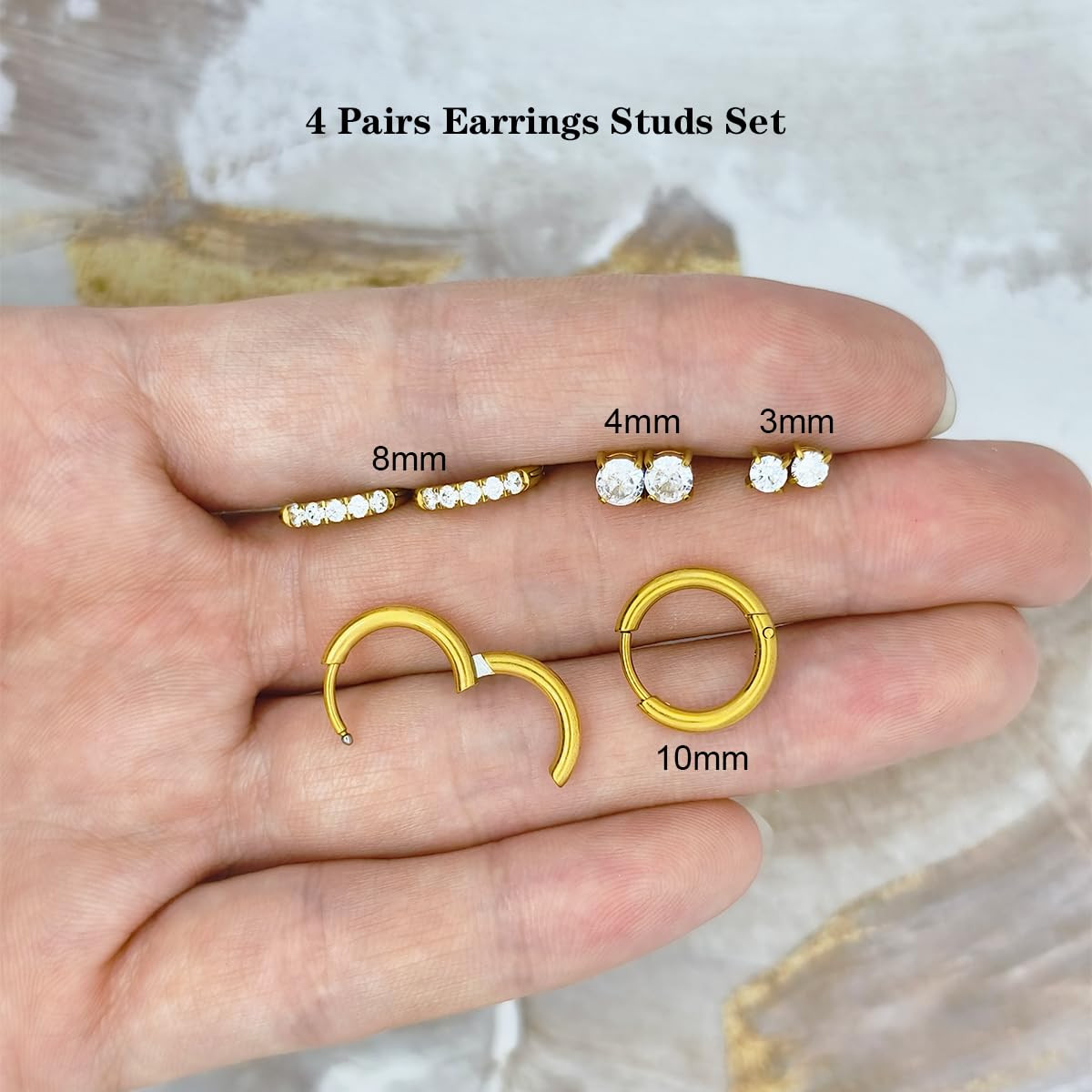 4 Pairs Gold Studs Earrings for Women, 14K Gold Plated Huggie Hoop Stack Earring