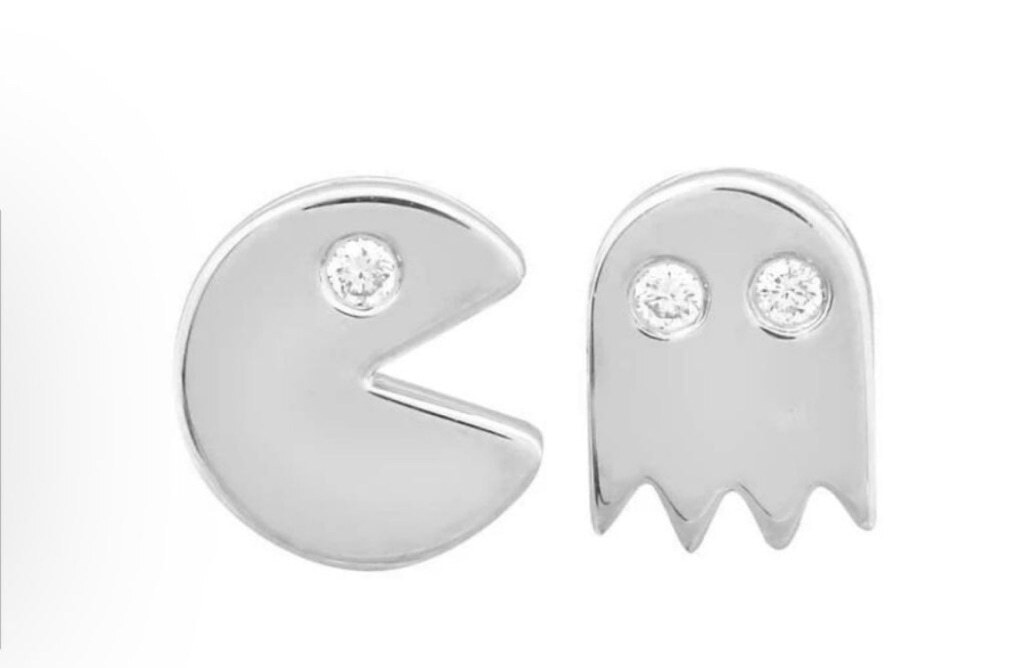 NEW Unisex Mismatch 14k Gold Accent Diamond PAC-Man and Ghost Stud Earrings