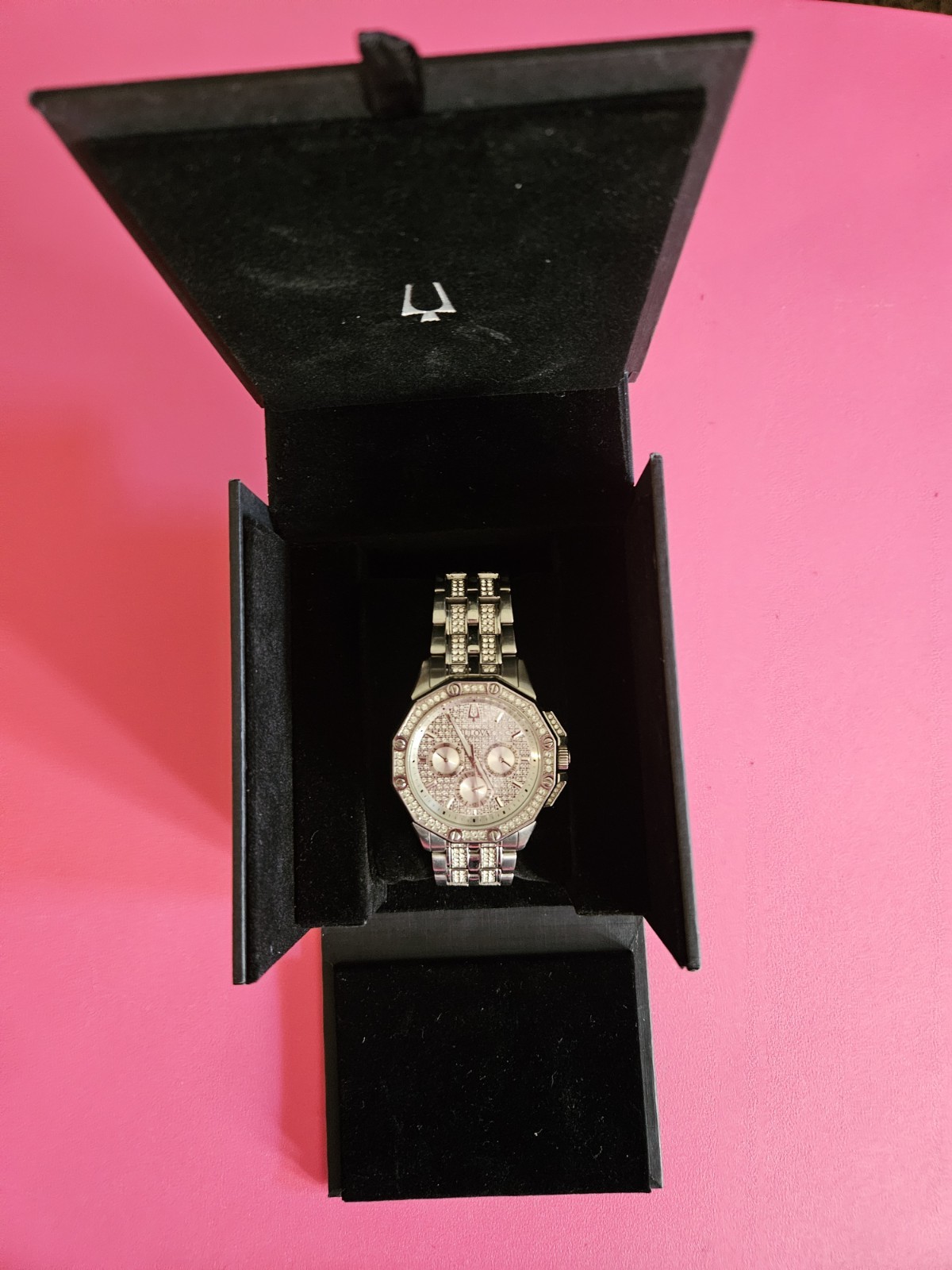 Bulova Crystal Quartz Day/Date 41mm Silver Dial SS Bracelet Watch w/ Box