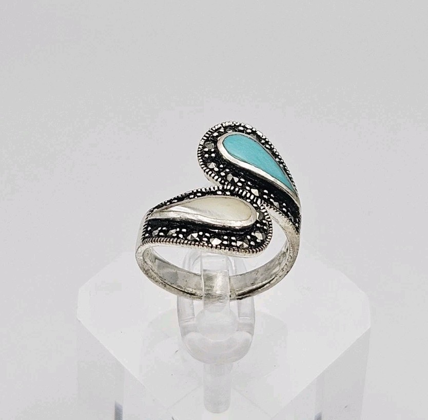 Marsala Manufacturing MC Sterling Silver Turquoise, MOP & Marcasite Ring Size 7