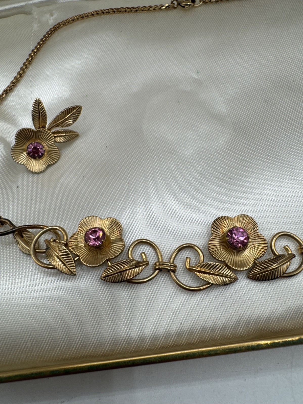 1960’s Van Dell Floral Necklace and Earring Set 12kt Gold Filled W/ Pink Gems