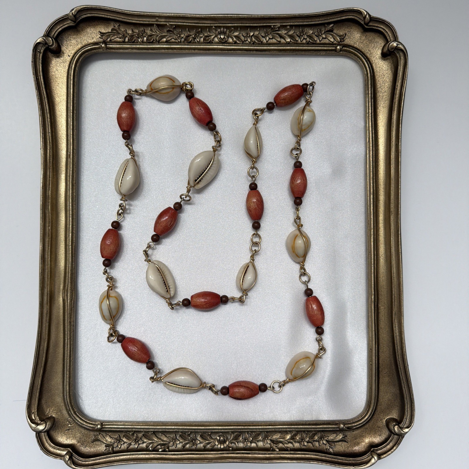 Vintage Cowrie Shell Wood Bead Long Necklace Coastal Beach Boho Resort Jewelry