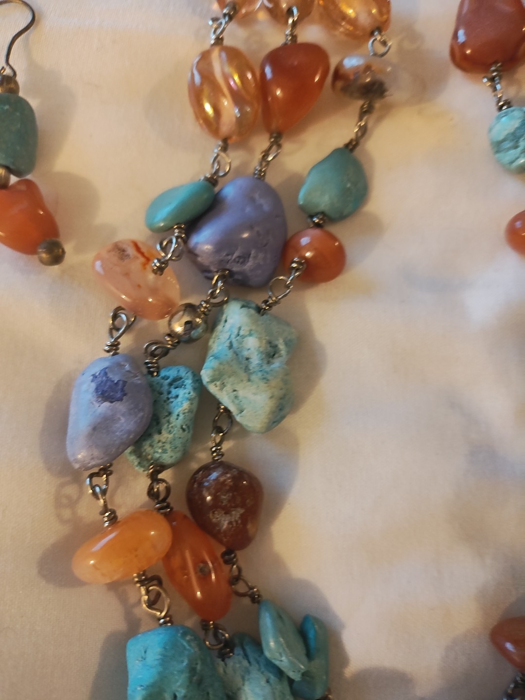 Artisan Amber & Turquoise 19″ 3 Strand Rock Necklace/ Earrings Southwest. Read