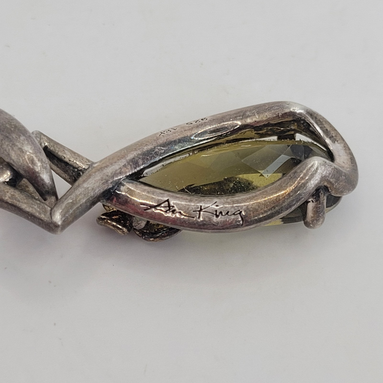 Ann King Vintage Sterling Silver 18K Gold Floral Green Quartz Teardrop Pendant