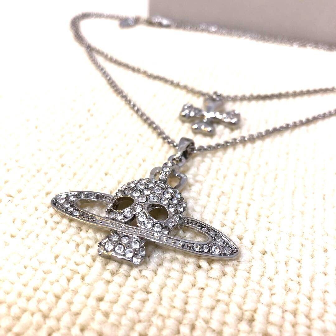 Vivienne Westwood Skull Orb Stone Double Chain Necklace Silver with drawstring