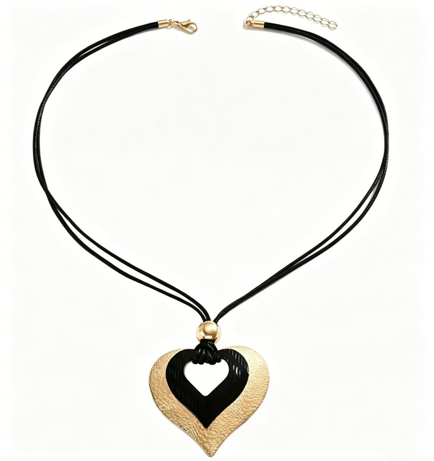 Two-Tone Alloy Splice Heart Pendant Black Cord Fashion Choker Necklace