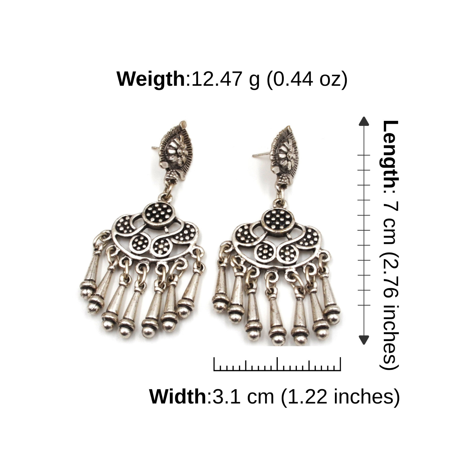 Boho Antique Silver Crescent Chandelier Fringe Dangle Ethnic Bohemian Earrings