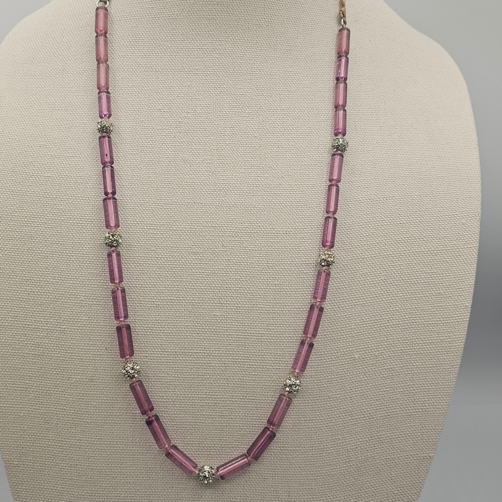 Lavender Purple Tube Bead Ribbon Tie Necklace Rhinestone Bead Spacers Coquette