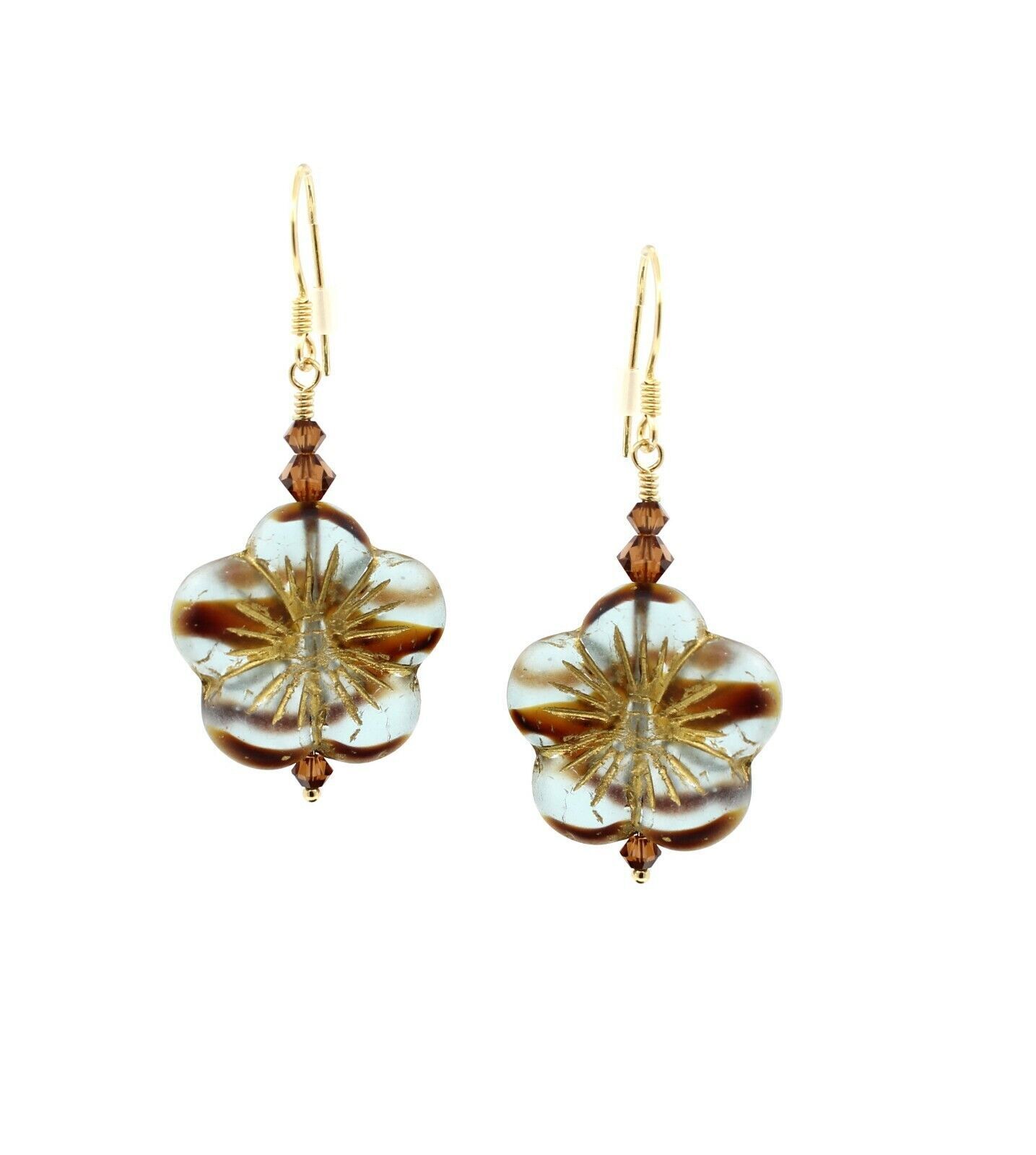 Flower Earrings Frost Seaglass Stripes Blue Glass Caramel Swarovski Vermeil Gold