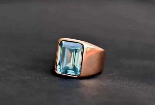 4CT Emerald Cut Aquamarine Men’s Wedding Ring 14K Rose Gold Finish