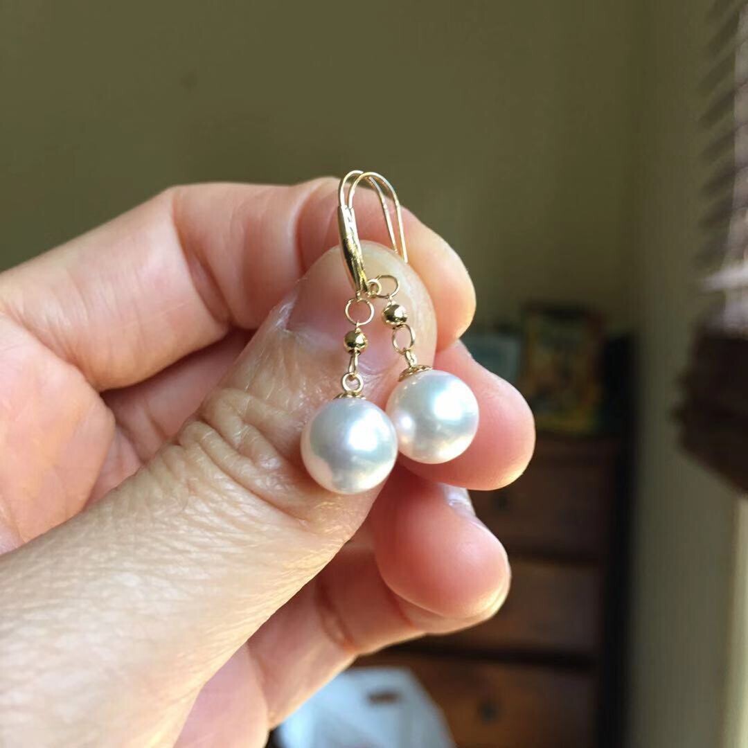 KG62 8.5mm Lovely Japanese Seawater Akoya Fairy Pearl Earring 18K Gold 31mm