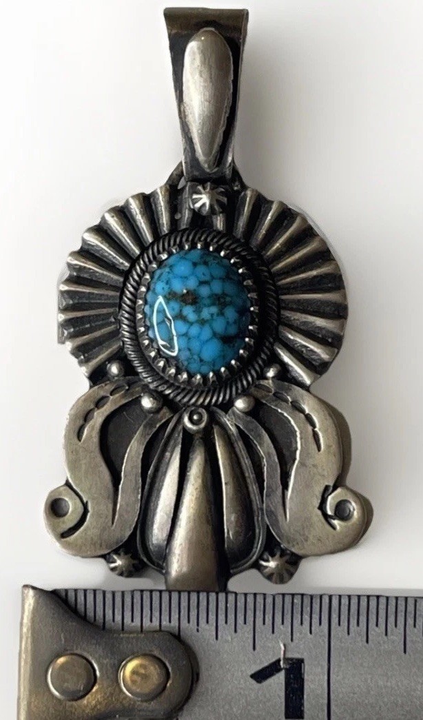Derrick Gordon Navajo Spiderweb Turquoise Necklace Pendant Sterling Silver