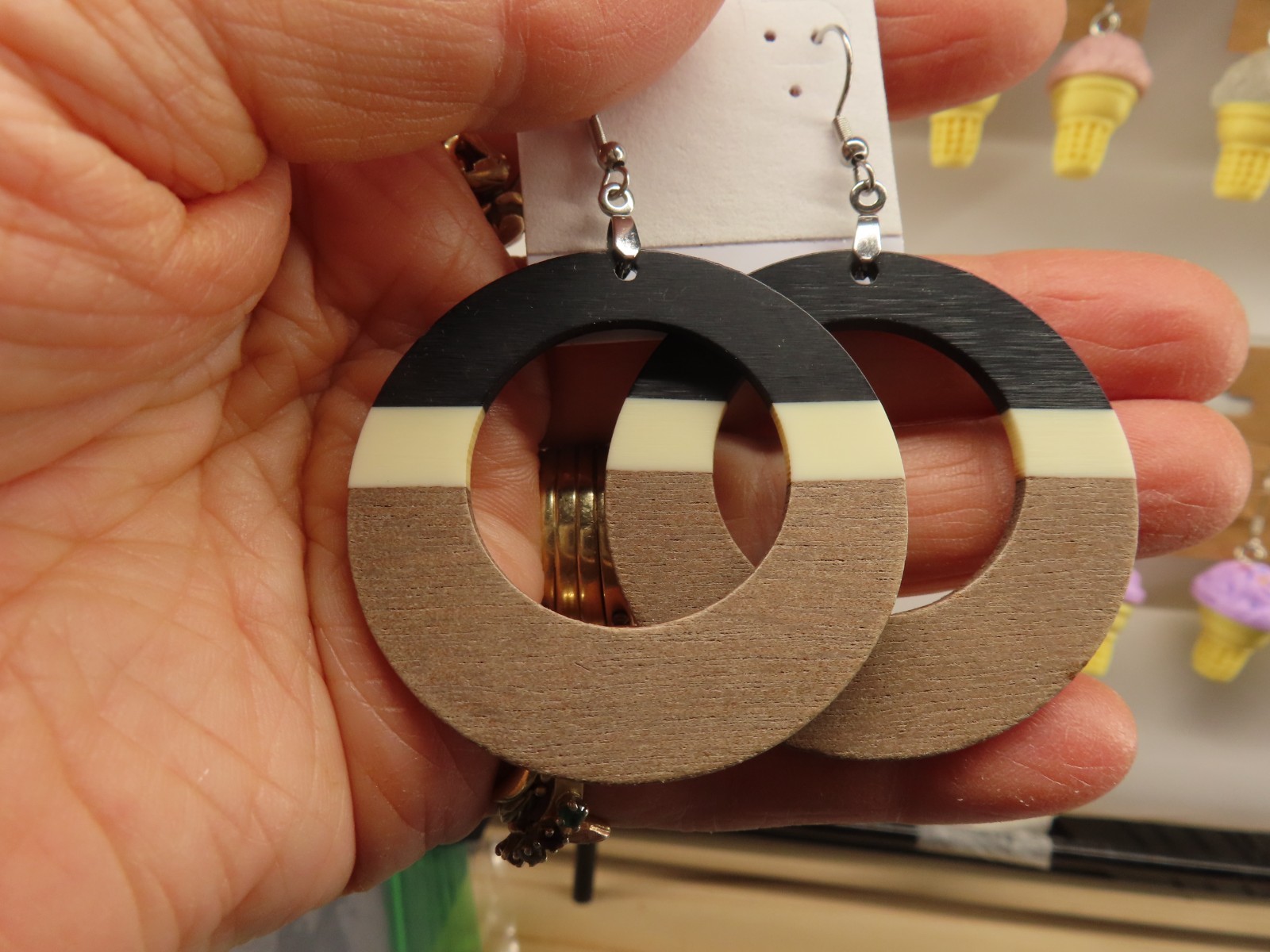 Black, White and Brown Resin Hoop Style – Clay – 3″ Dandle Drop Earrings