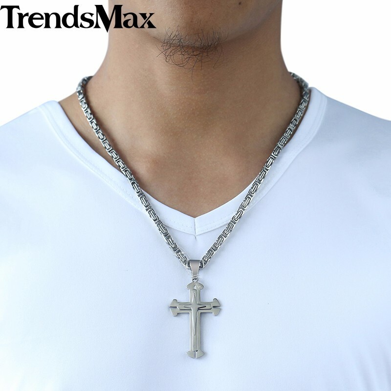 Cross Necklace for Men Gold Plated Stainless Steel 18″-30″ Byzantine Box Chain