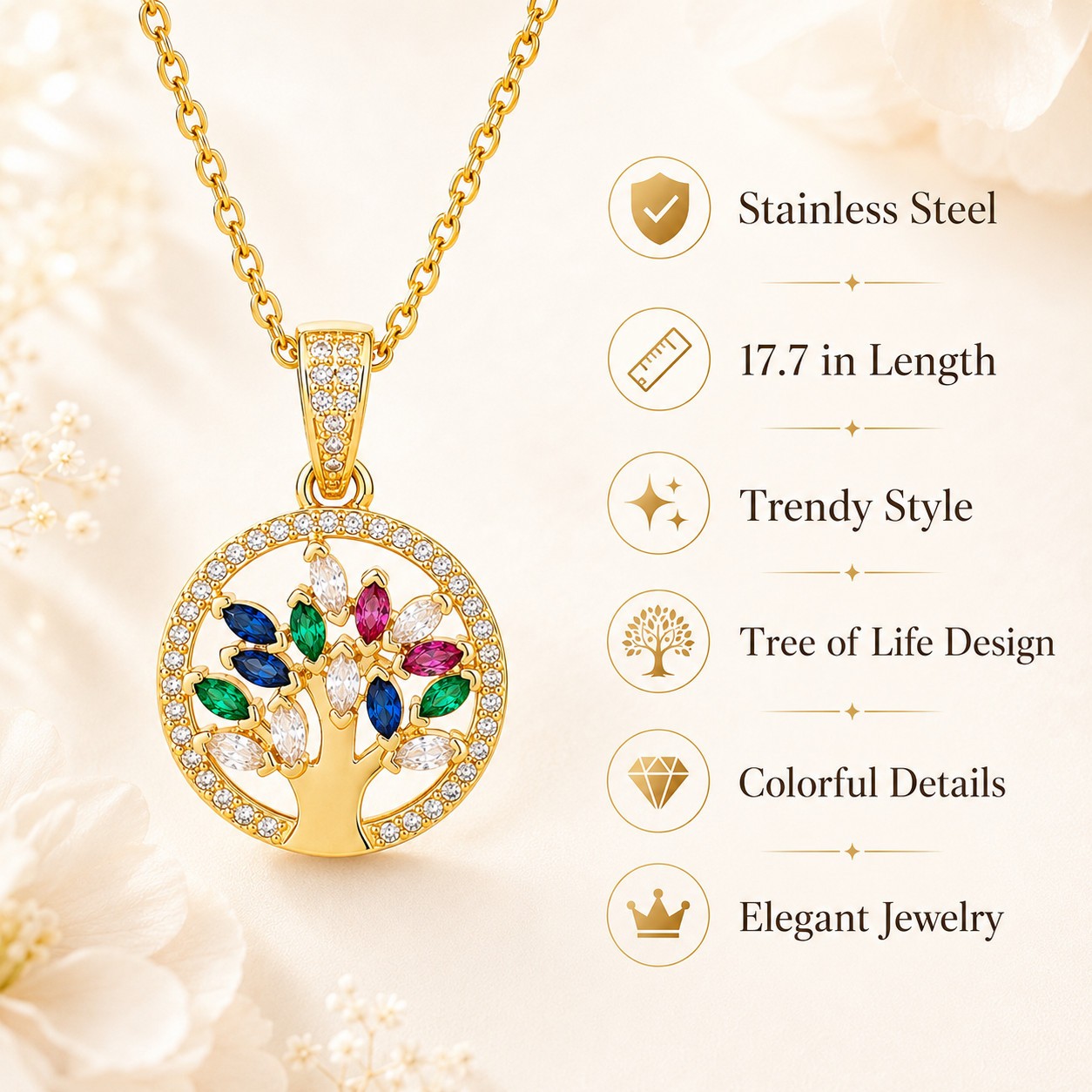 Tree of Life Necklace Women Gold Tone Stainless Steel Pendant Colorful Stones