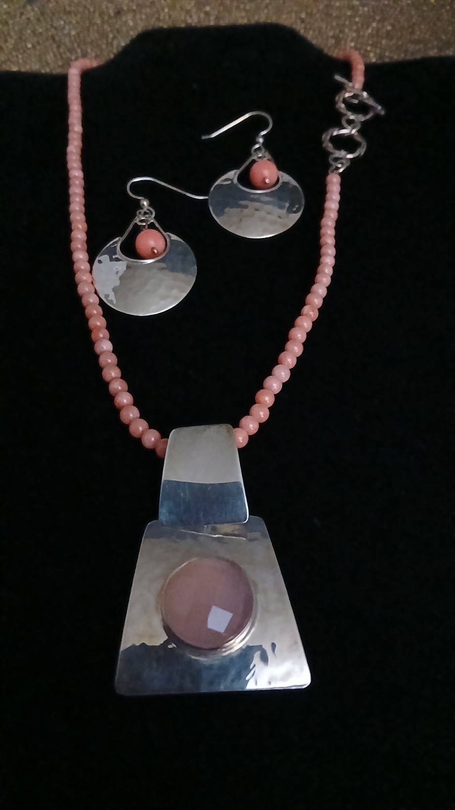 HSN DDD Geometric Pendant & Earrings- Coral Beaded Necklace Set 925