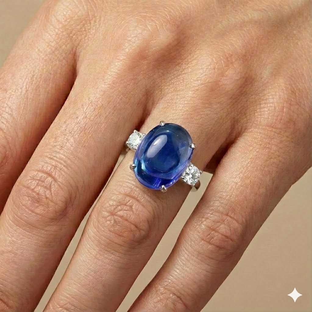 Vintage 14K White Gold Engagement 12.07CT. Gem Blue Sapphire Cabochon Shape
