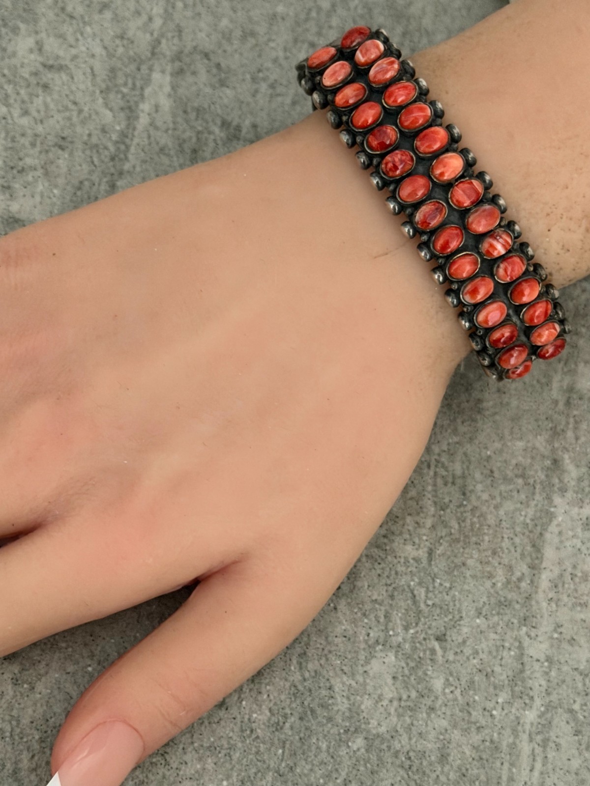 Native American Navajo Orange Red Spiny Oyster Sterling Bracelet 50g 7.25 in