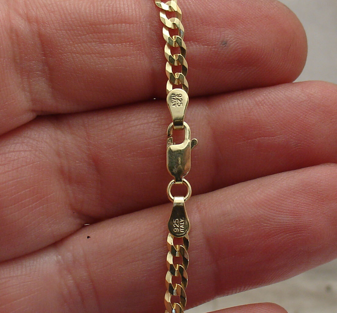 Italian Solid Curb Cuban Bracelet Anklet 14K Yellow Gold Plated Silver 7″ 8″ 9″