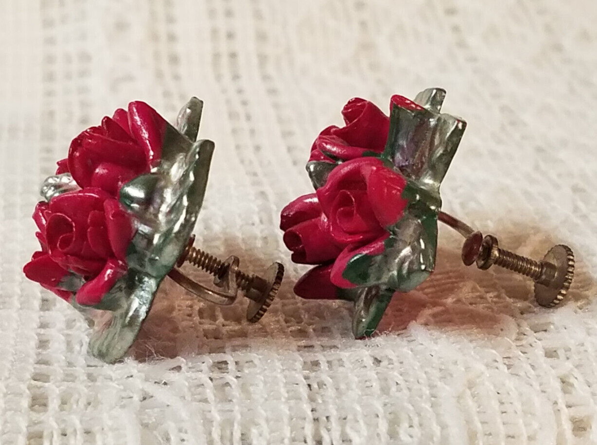 Vintage Red Rose and Pewter Colored Screw Back Earrings Japan About 1 inch T & W