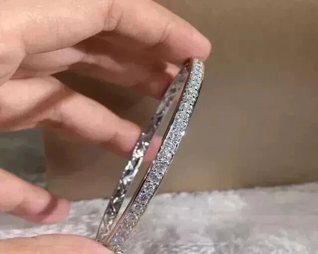 Real Moissanite 6.00CT Round Cut Bangle Bracelet 14K White Gold Plated Silver