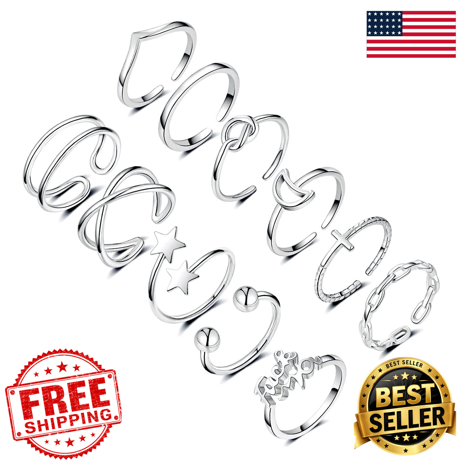 Honsny 11pcs Silver Stackable Adjustable Bands Hypoallergenic for Women Teens