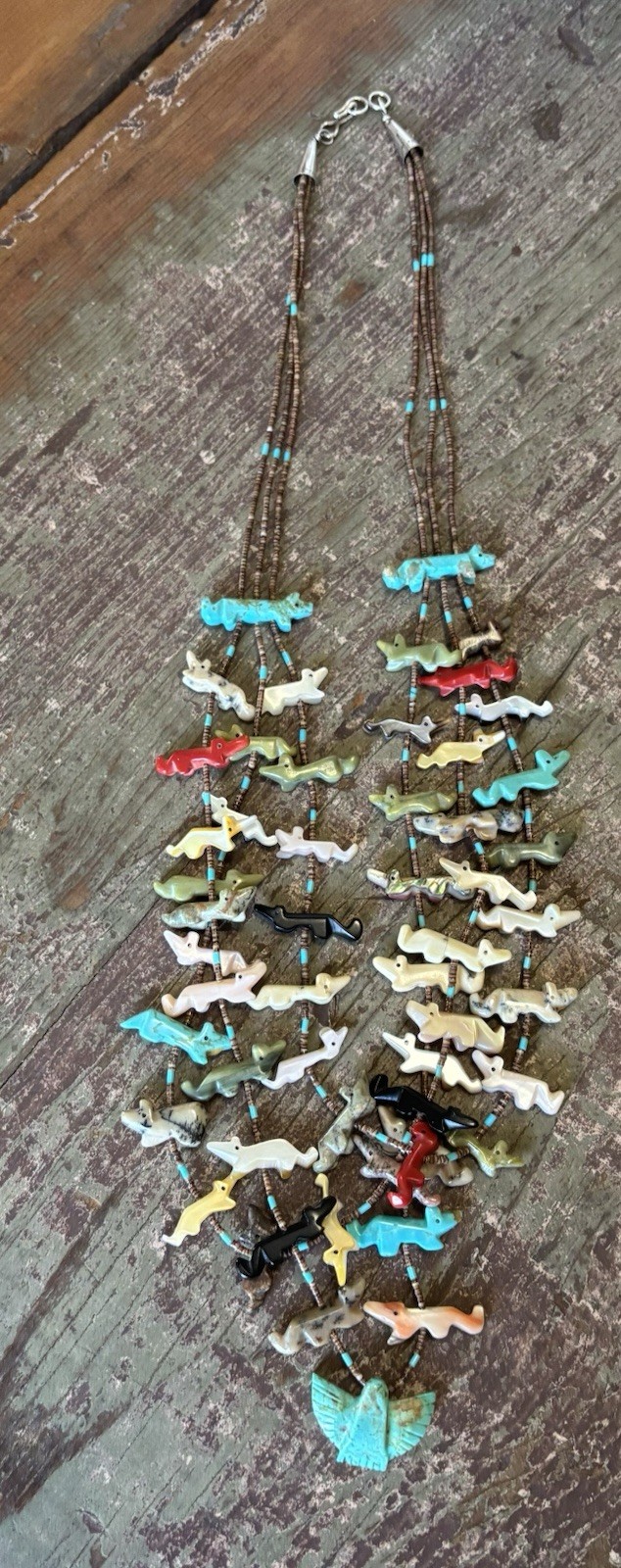 Gorgeous Zuni 3 Strand Turquoise Coral Jet Fetish Necklace Vintage Heishi