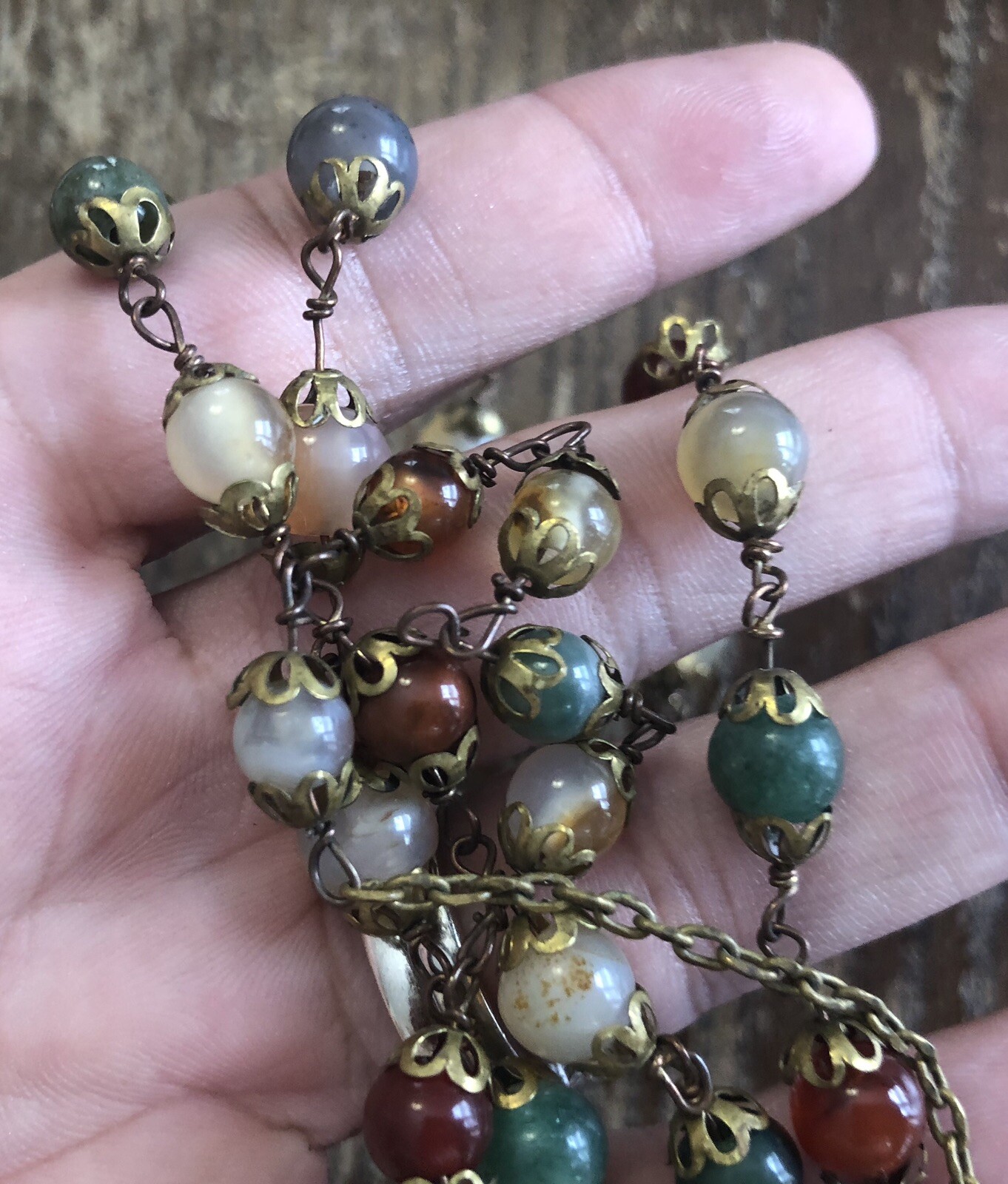 Vintage Aged Brass Mixed Color Round Gemstone Bead Station Wrap Link Necklace