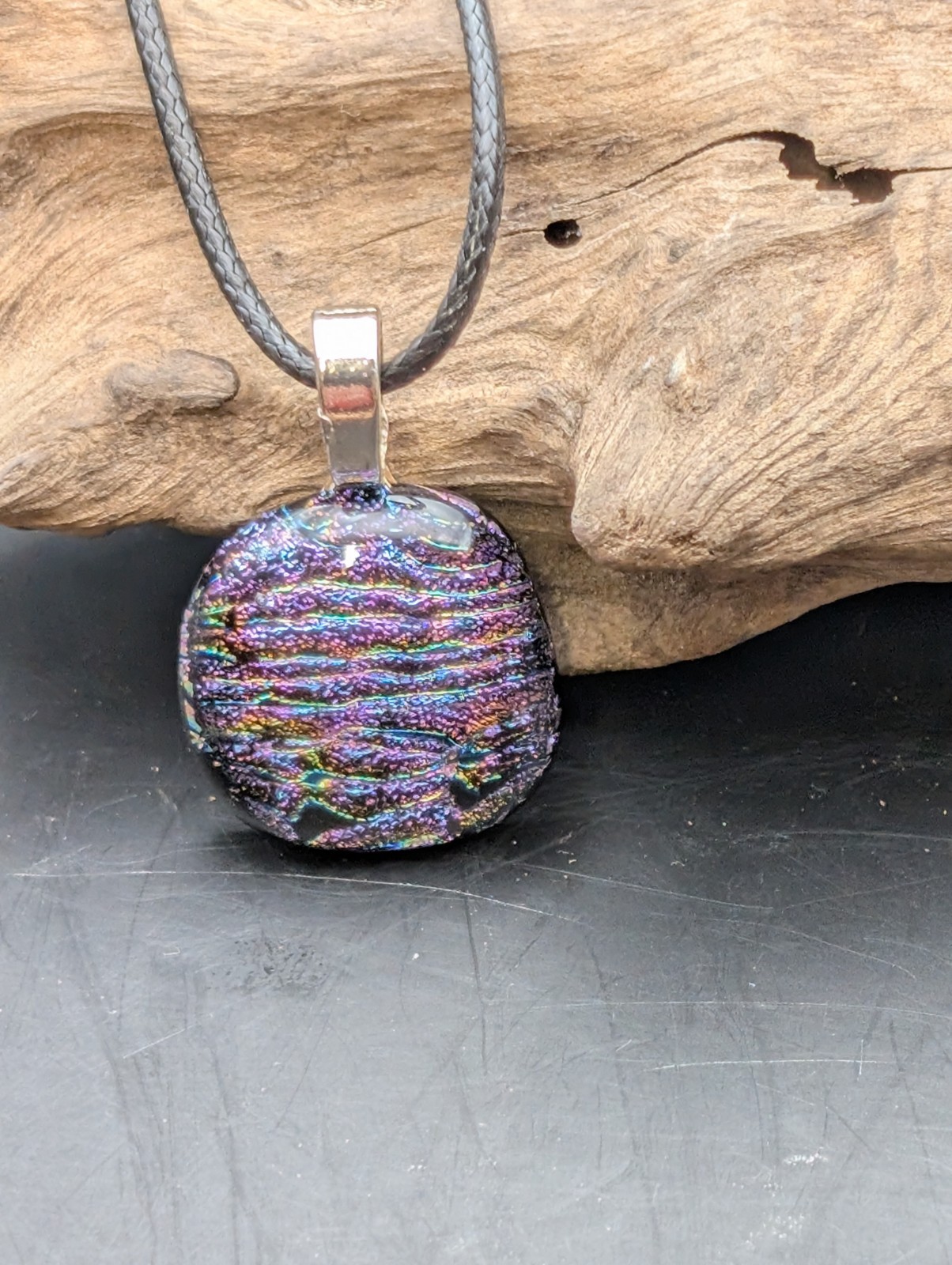 Purple Multicolor Fused Dichroic Glass necklace Silver bail #216
