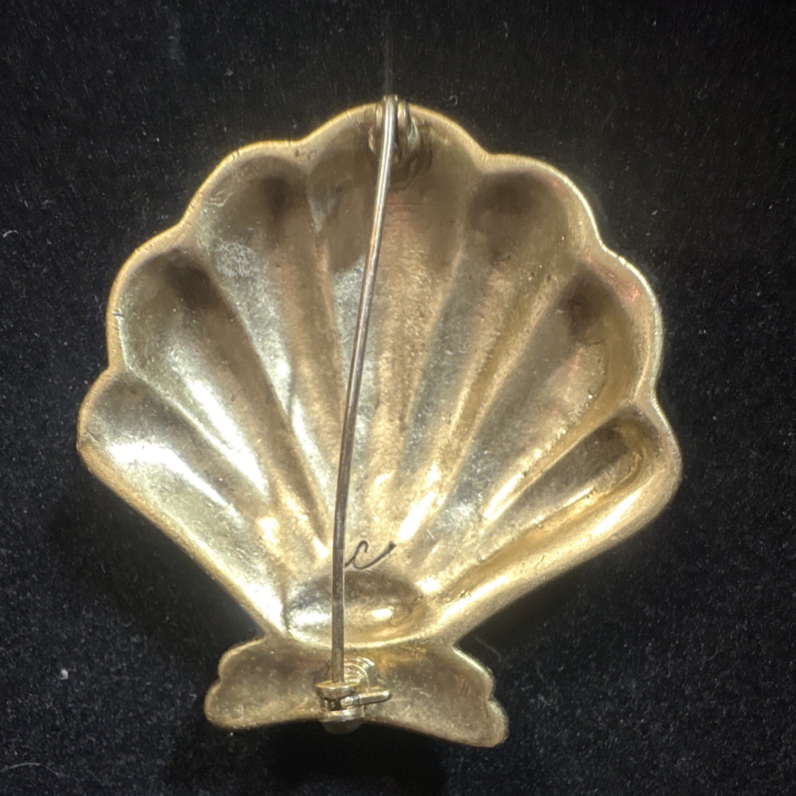 Shell Sea Life Brooch Pin, Gold Tone, White Imitation Pearl, Pink Rhinestone