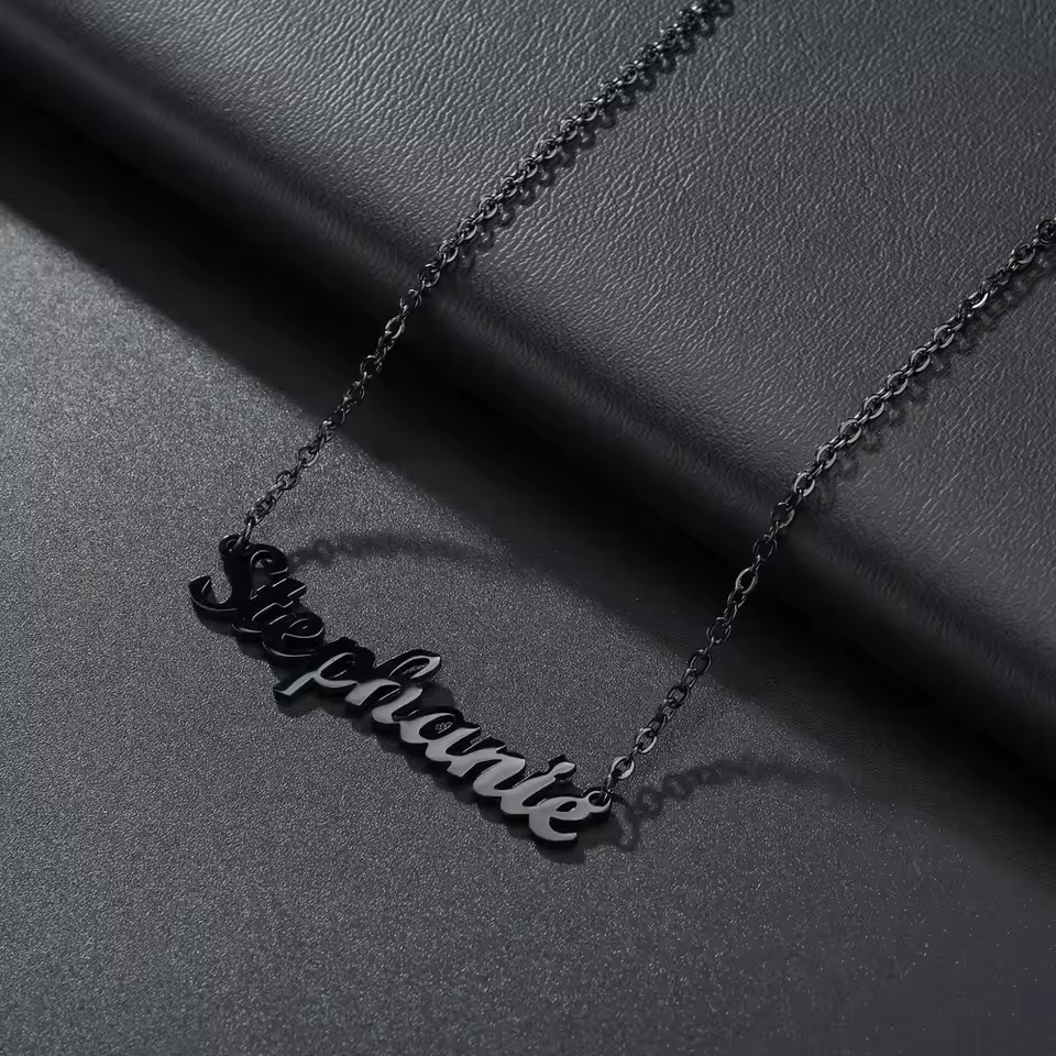 Customized Name Black Letters Color Pendant Necklace Link Chain Stainless Steel