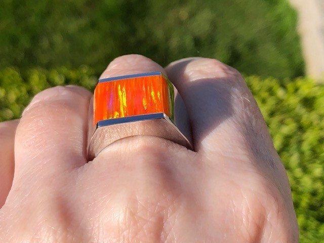 Orange Fire Opal Square Ultra Vivid FLASHES Heavy Sterling Men’s ring 14 VIDEO