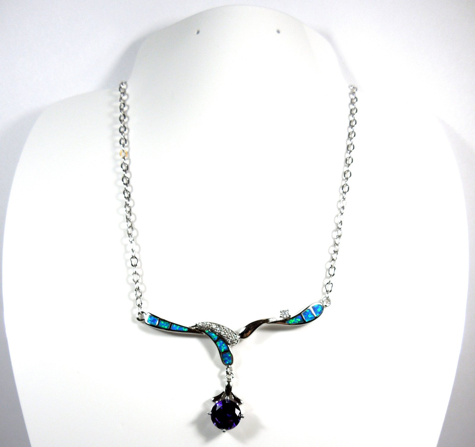 Beautiful Amethyst & Blue Fire Opal Genuine 925 Sterling Silver Necklace 18″