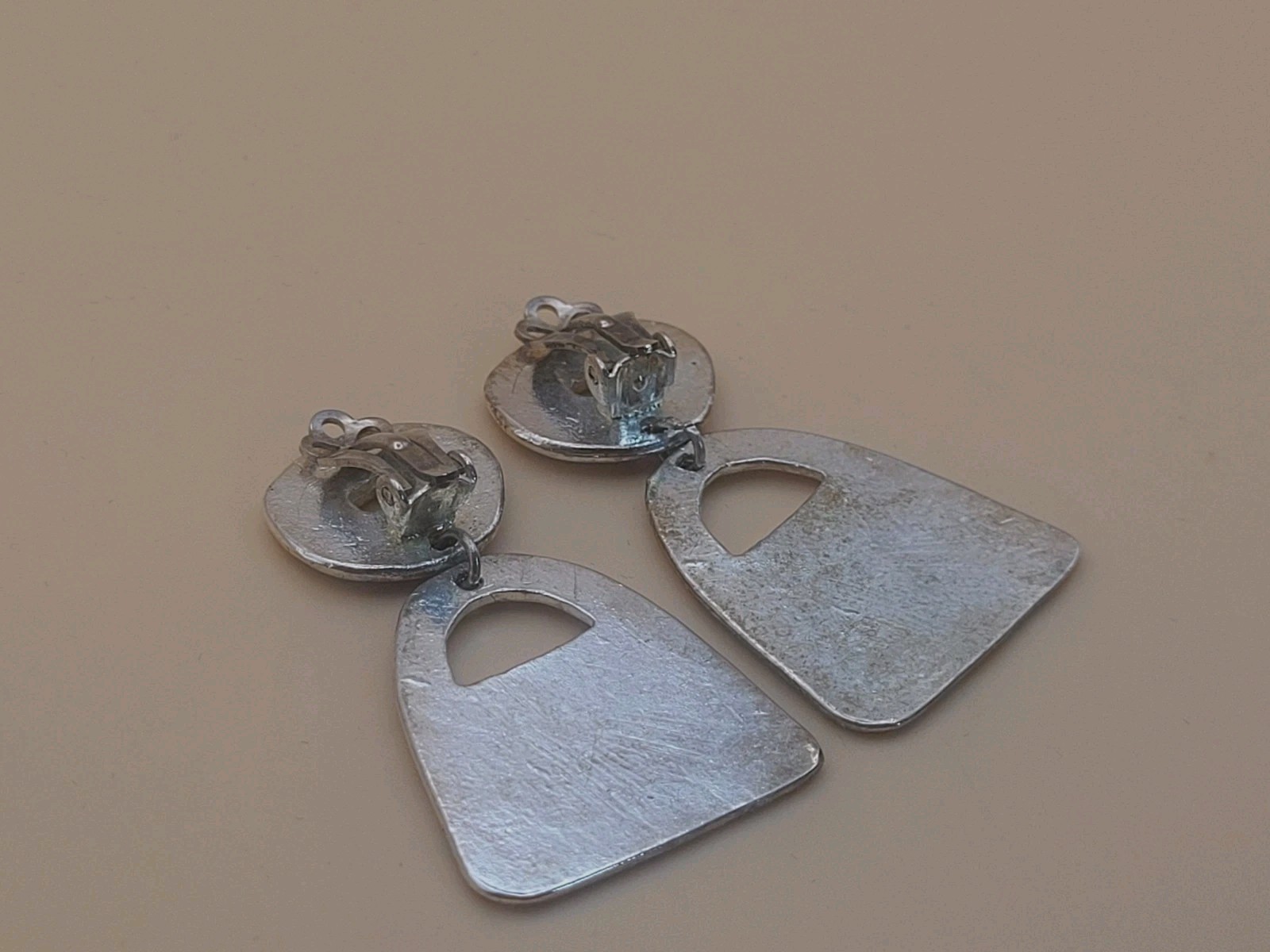 Vintage Southwestern Native American Petroglyph Pewter Clip-on Drop Earrings