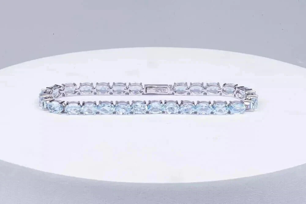 9Ct Oval Cut Lab-Created Aquamarine Women Tennis Bracelet 14K White Gold Plated