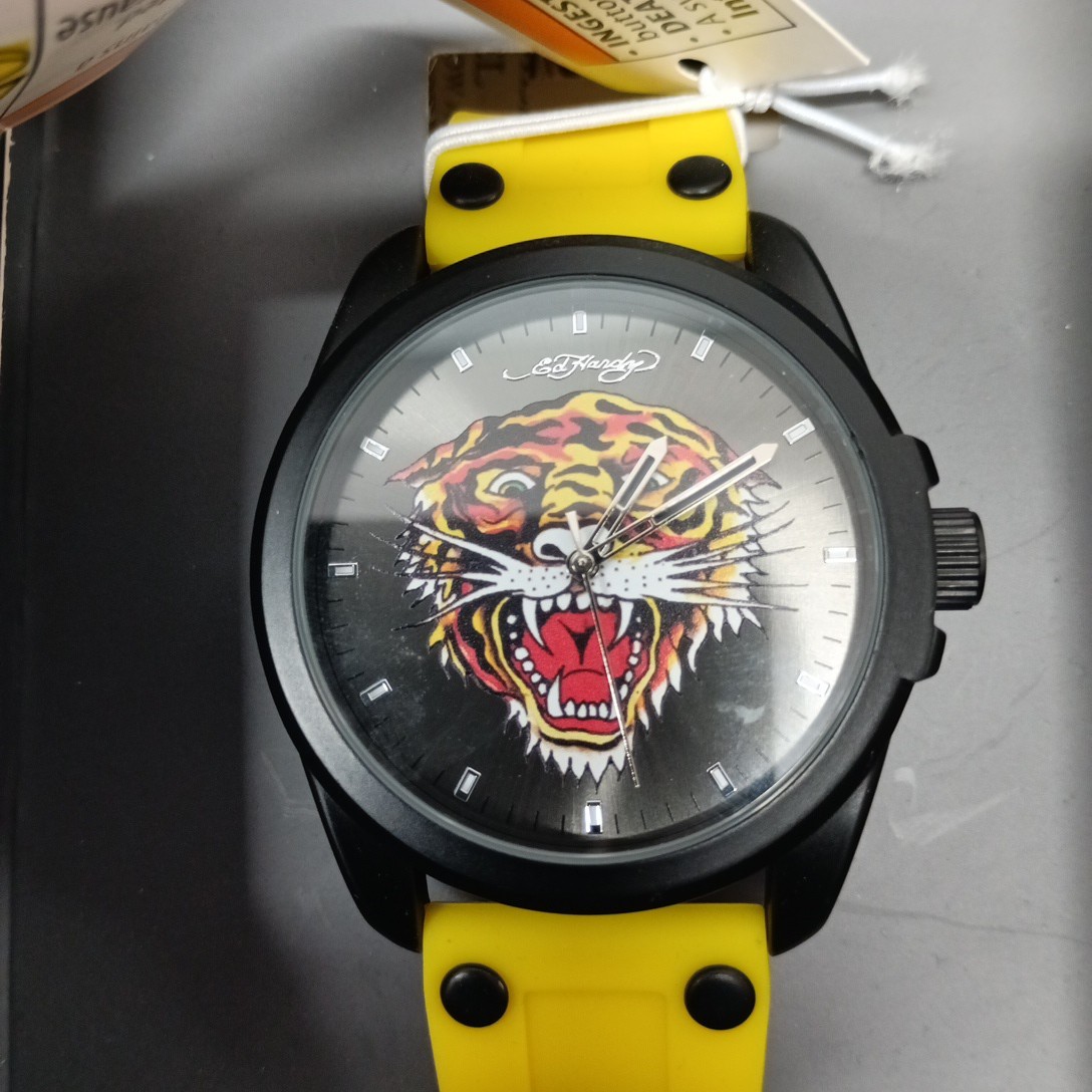 Ed Hardy Men’s Watch Tiger Face Yellow Silicone Adjustable Strap
