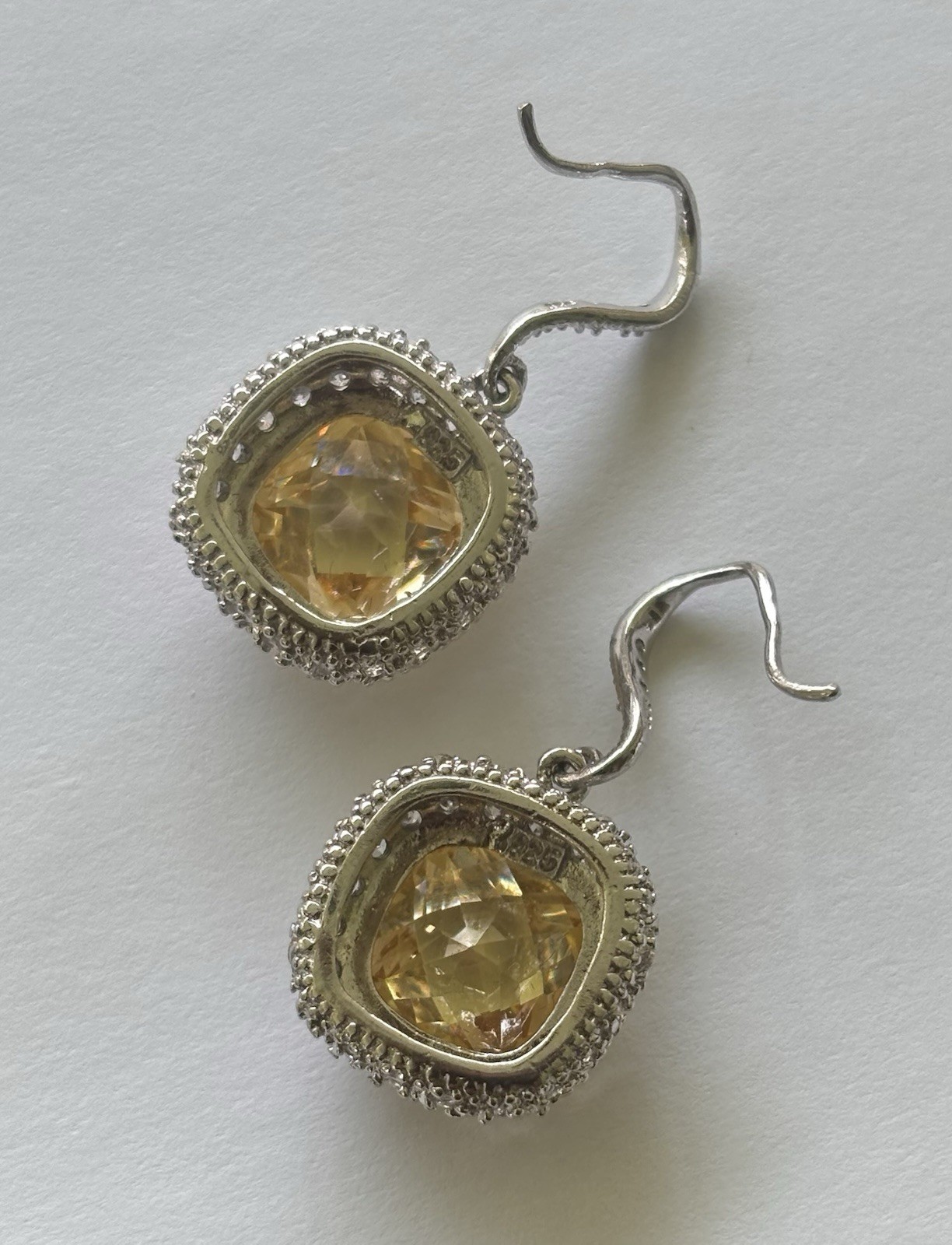 925 Sterling Silver Yellow Cushion Cut Halo Drop Earrings – Unknown Gemstone
