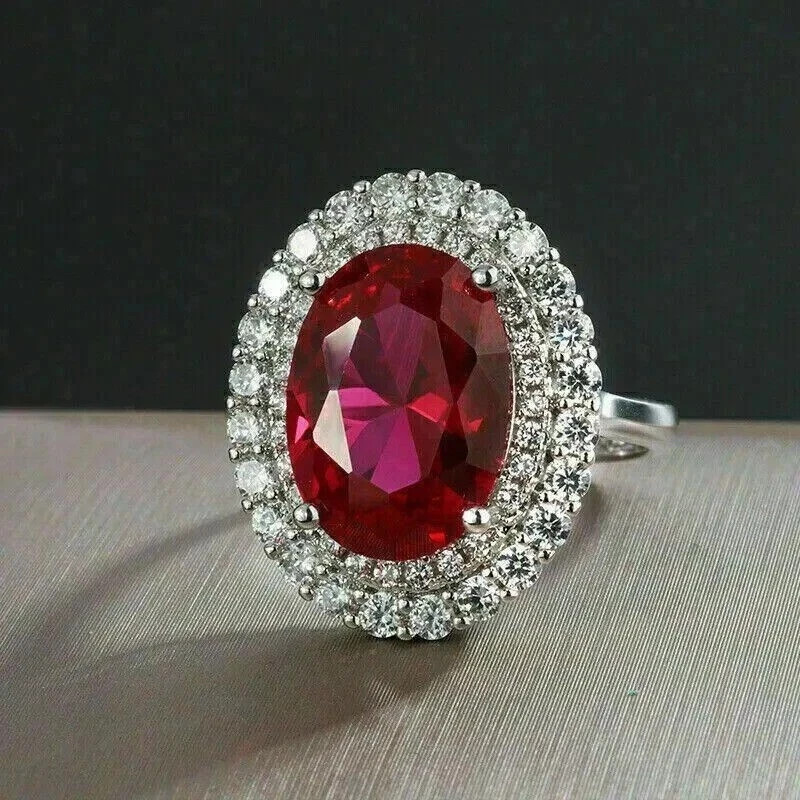 5.20Ct Oval Cut Natural Red Ruby & Diamond Solid 14K White Gold Engagement Ring
