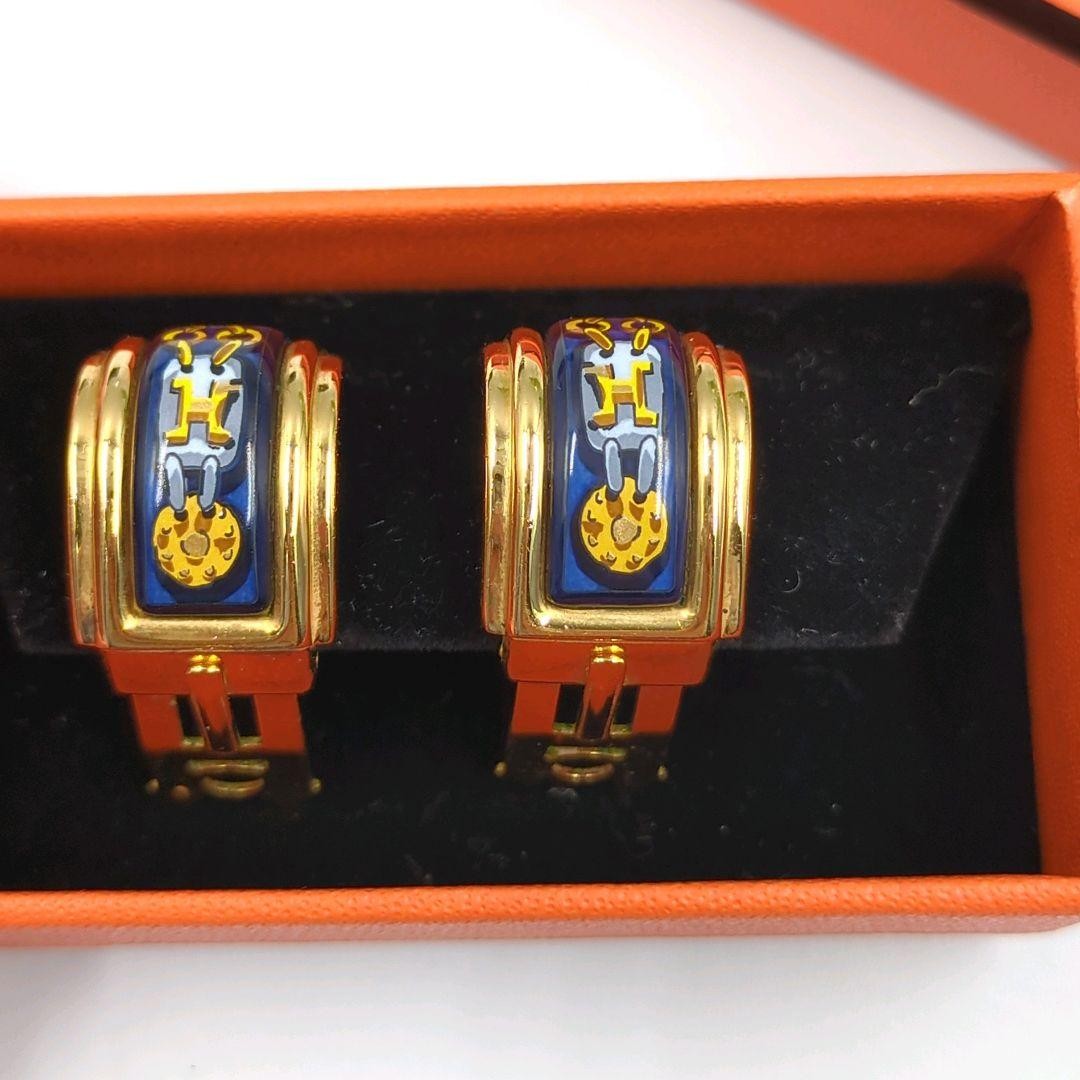 HERMES H Logo Clip On Earrings Enamel Gold Navy Vintage France Box Included Used